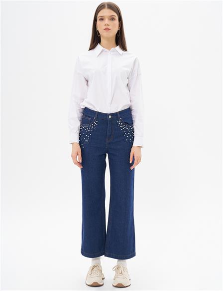 Stone Embroidered Denim Pants Navy Blue