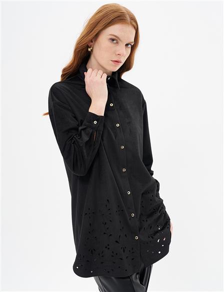 Laser Cut Velvet Tunic Black