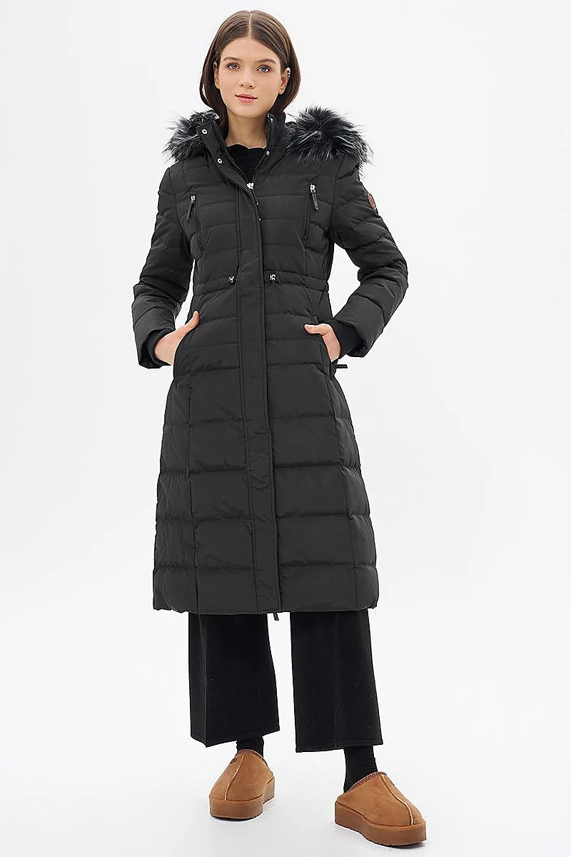 Down Feather Filled Waist Gathered Coat Black