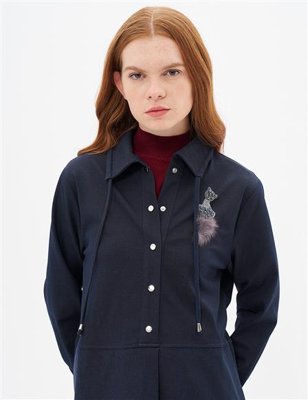 Broşlu Yarım Çıt Çıt Kapamalı Denim Tunik Lacivert