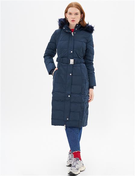 Belted Goose Feather Filled Coat Navy Blue