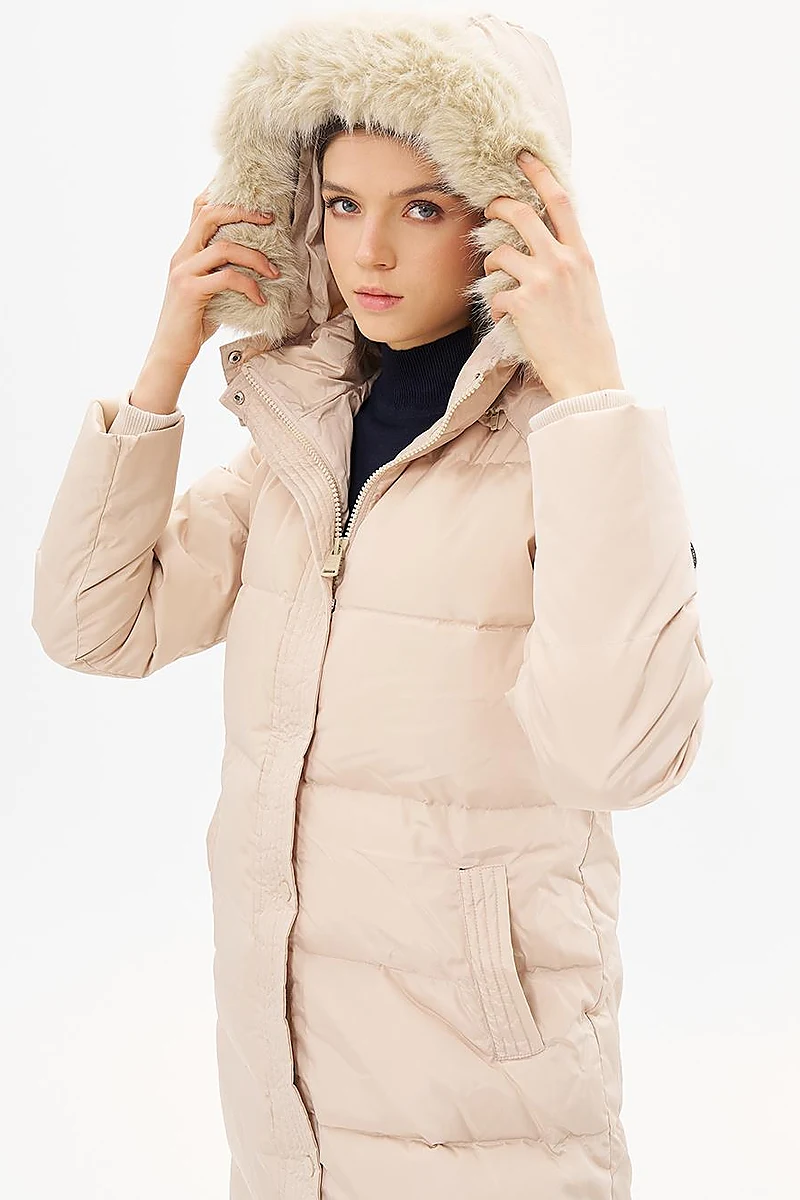 Goose Feather Filled Hooded Coat Cream