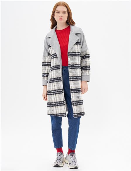 Garnished Plaid Coat Cream