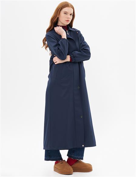 Elastic Waist Drawstring Topcoat Dark Navy Blue