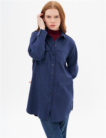 Seam Detailed Suede Tunic Dark Navy Blue