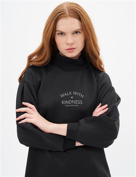 Belted and Slogan Embroidered Scuba Sweatshirt Black