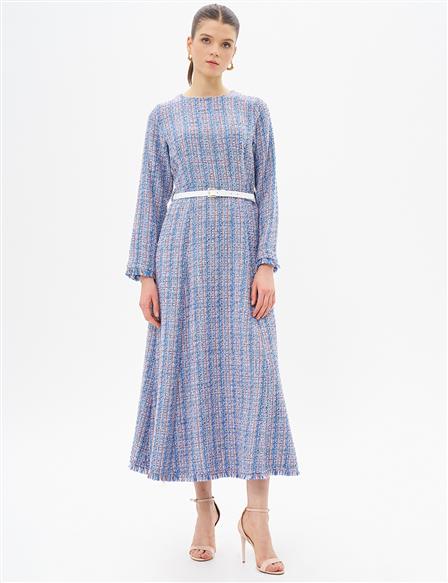 Tweed Dress with Tassels at Hem Aviator Blue