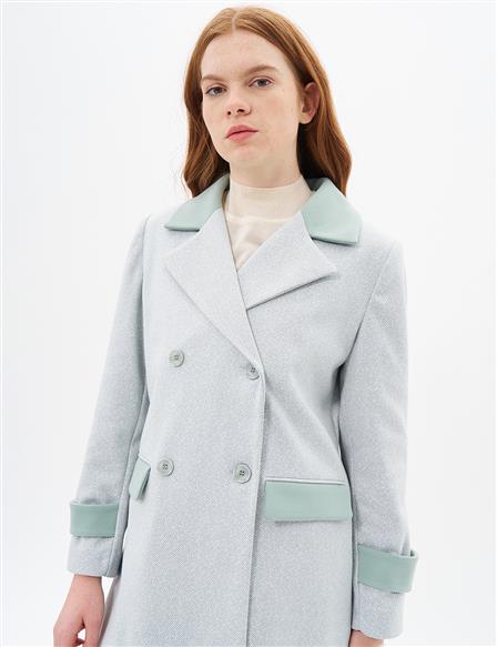 Faux Leather Garnished Cashmere Coat Ice Green