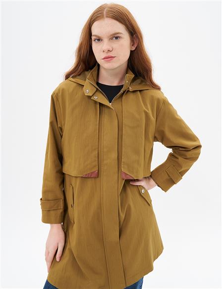 Pocket Detailed Stand Collar Cape Dark Olive