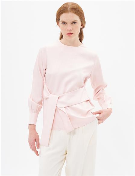 Belted Zero Collar Blouse Powder Color