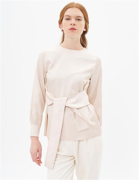 Belted Zero Collar Blouse Beige