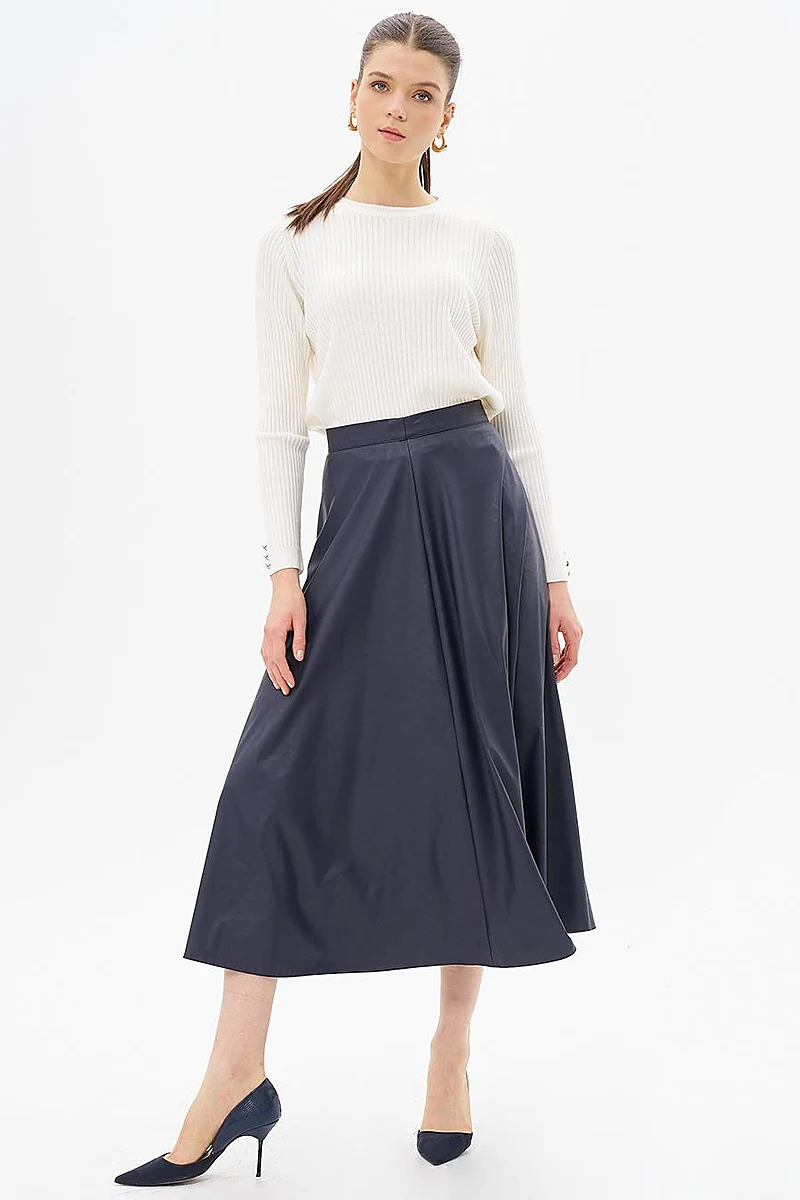 High Waist Faux Leather Skirt Dark Navy Blue