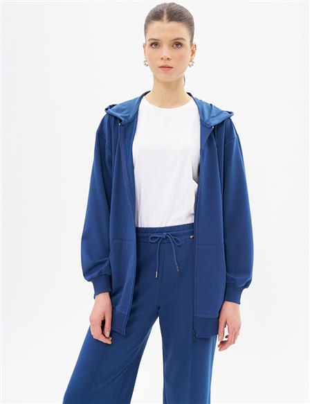 Kapüşonlu Fermuar Kapamalı Sweatshirt İndigo