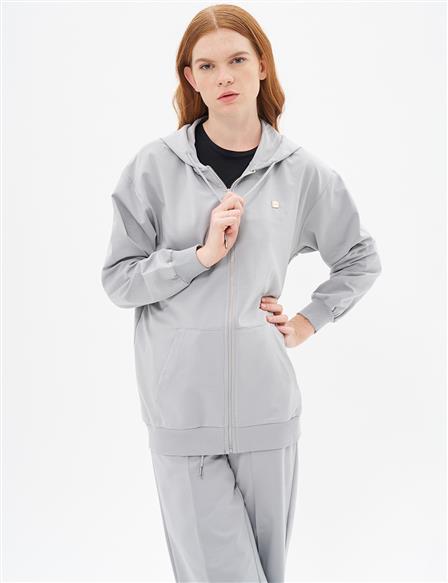 Kapüşonlu Fermuar Kapamalı Sweatshirt Gri