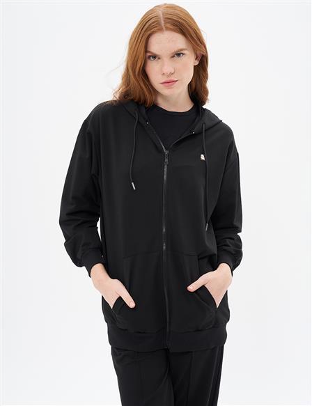 Hooded Zip-Up Sweatshirt in Black
