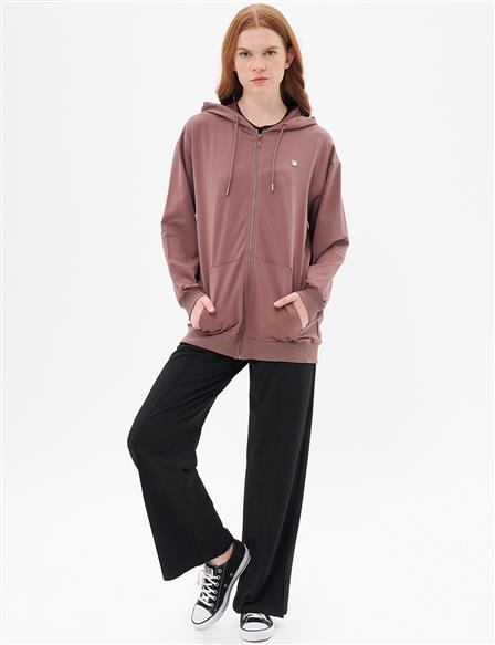 Kapüşonlu Fermuar Kapamalı Sweatshirt Kahve