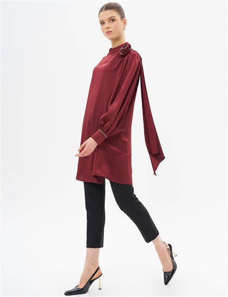 Rose Motif Satin Tunic Burgundy