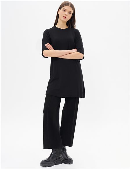 Sıfır Yaka Basic Kısa Kollu T-shirt Siyah