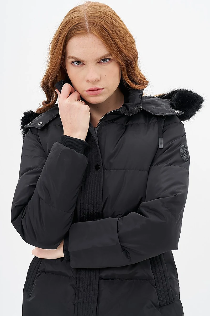 Goose Feather Filled Hooded Coat Black