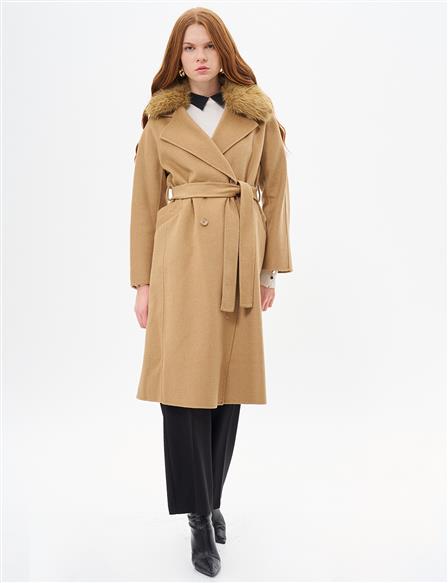 Premium Wool Fur Double-Breasted Buttoned Coat Camel