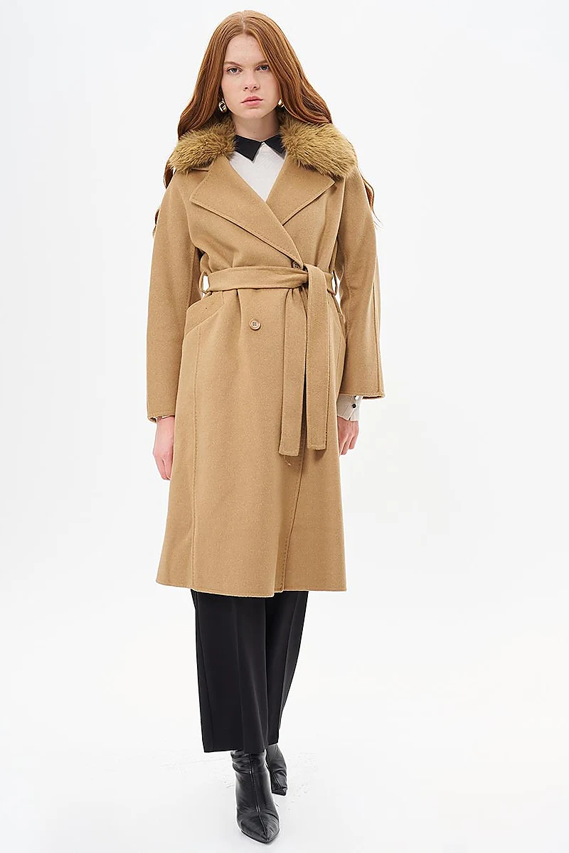 Premium Wool Fur Double-Breasted Buttoned Coat Camel