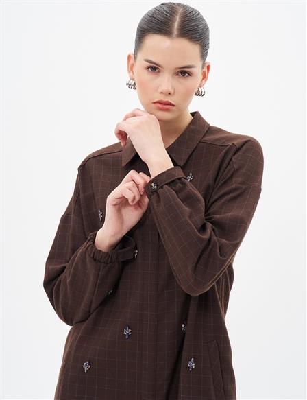 Shirt Collar Stone Detailed Tunic Dark Coffee