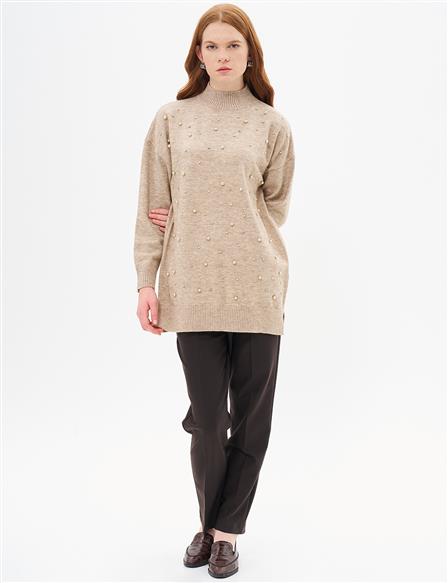 Pearl Embroidered Knitwear Tunic Stone