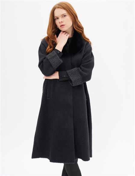 Faux Fur Detailed Knitwear Coat Black