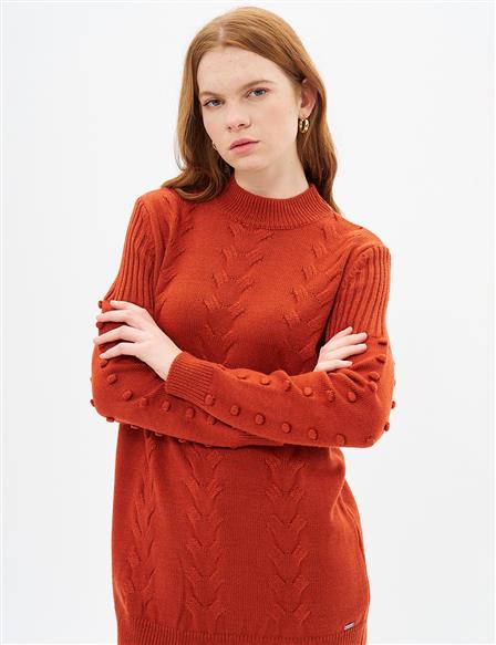 Knit Pattern Half Turtleneck Knitwear Tunic Brick Red