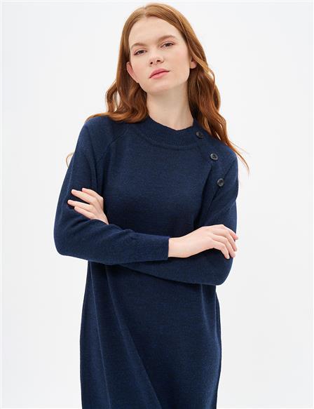 Buttoned Half Turtleneck Knitwear Dress Navy Blue