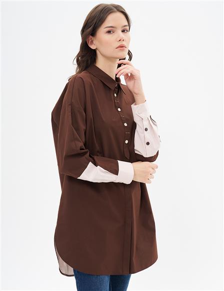 Punto Dikişli Poplin Tunik Koyu Kahve 