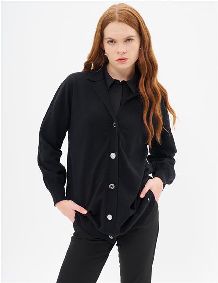 Shiny Buttoned Knitwear Cardigan Black