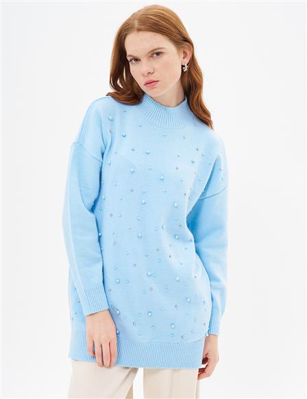 Pearl Embroidered Knitwear Tunic Crown Blue