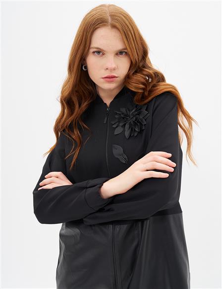 Floral Appliqued Faux Leather Mixed Jacket Black