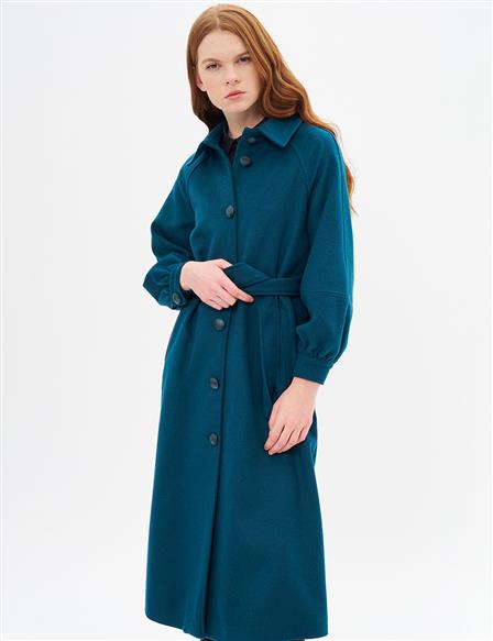 Buckle Detailed Cashmere Coat Petrol