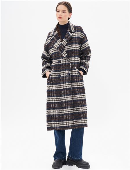 Buttoned Plaid Coat Navy Blue