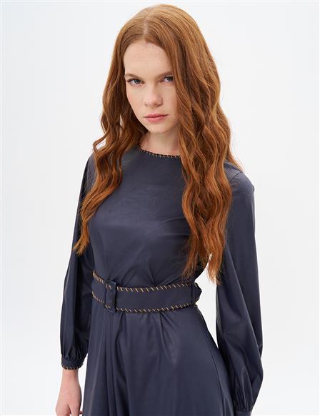 Belt Detailed Faux Leather Dress Dark Navy Blue