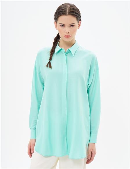 Hidden Placket Shirt Collar Tunic in Turquoise