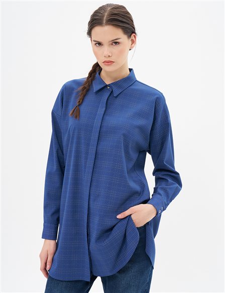 Hidden Placket Shirt Collar Tunic in Navy