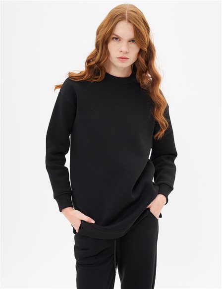 Sıfır Yaka 3 İplik Sweatshirt Siyah