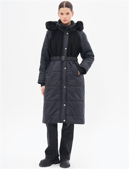 Plush Garnished Quilted Anorak Coat Black