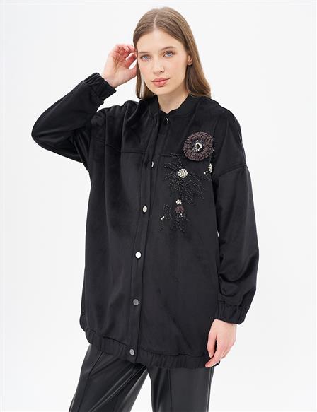 Embroidered Detailed Velvet Jacket Black