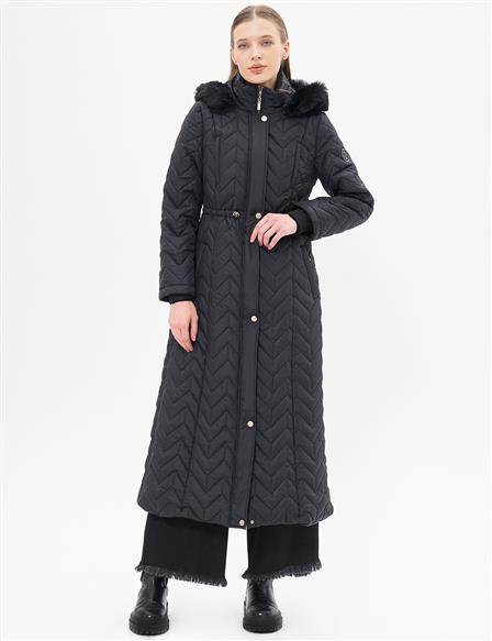 Fur Collar Quilted Coat Black