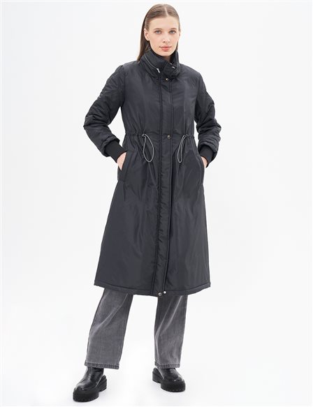 Waist Gathered Quilted Mixed Anorak Coat Black