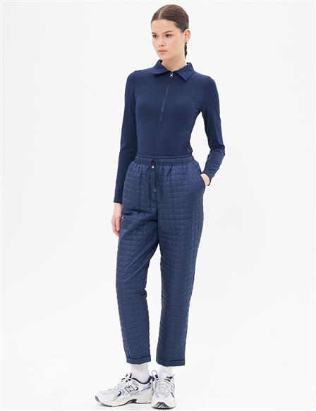 Quilted Elastic Waist Trousers Dark Navy Blue