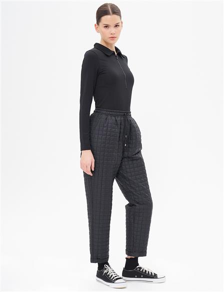 Kapitoneli Beli Lastikli Pantolon Siyah