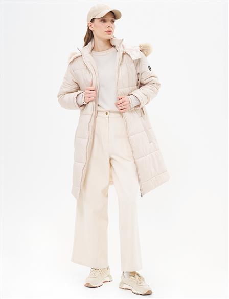 Quilted Coat with Faux Fur Detail Stone