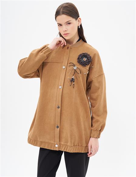 Suede Jacket Camel with Embroidery Detail