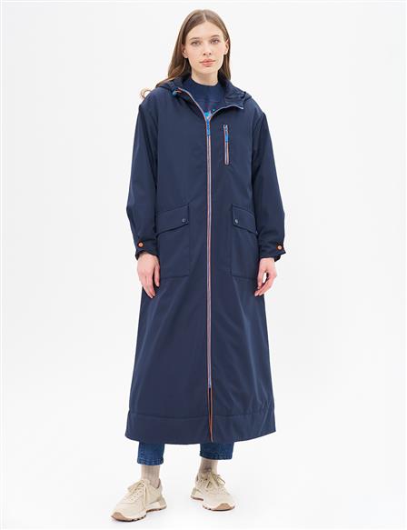 Piping Detailed Hooded Topcoat Dark Navy Blue