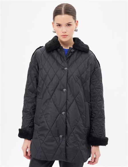 Epaulette Detailed Quilted Coat Black